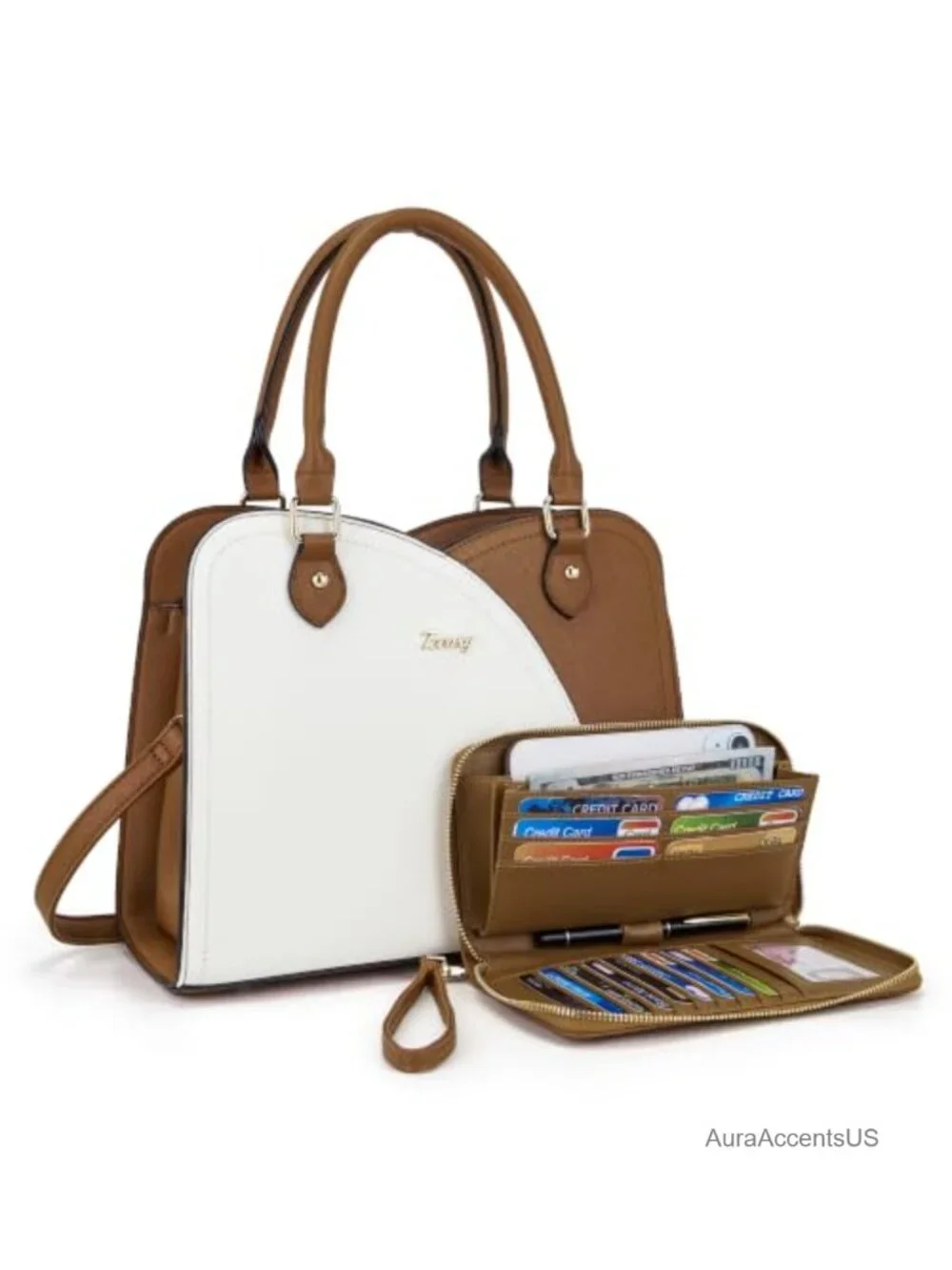 Synthetic Leather Satchel Handbag & Wallet Set 2pc